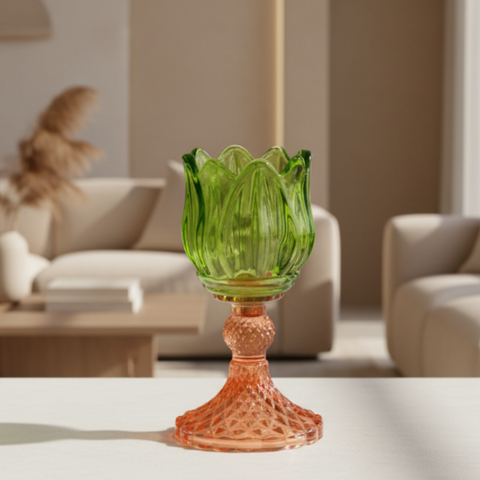Bomboniera Portacandela Tulipano in Vetro Bicolore Verde e Arancio - h 15.5 cm