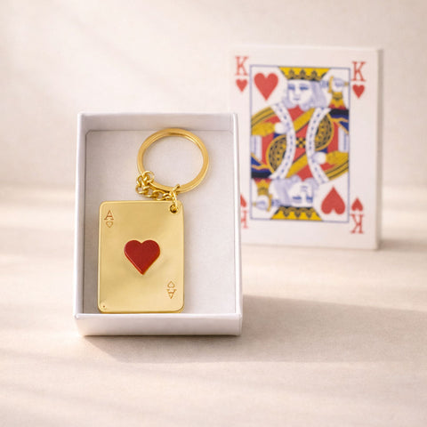 Portachiavi dorato Asso di Cuori in plexiglass con elegante confezione regalo bianca e carta Re di Cuori