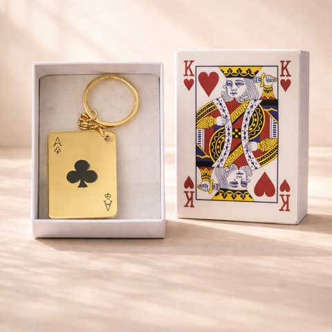 Portachiavi dorato Asso di Fiori in plexiglass con scatola regalo bianca e carta Re di Cuori