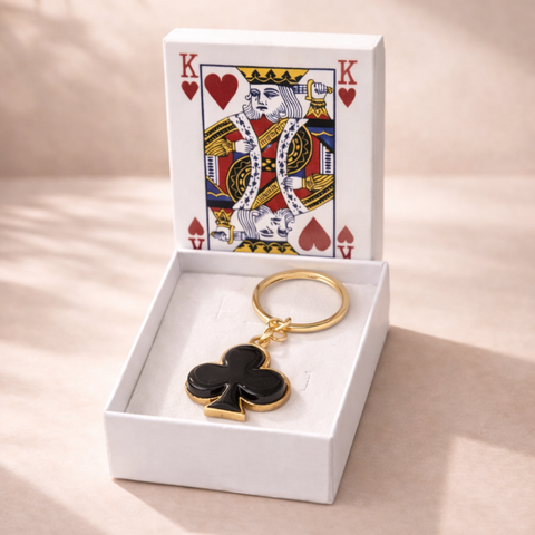 Portachiavi simbolo Fiori nero in plexiglass lucido con bordatura dorata, scatola bianca e carta Re di Cuori