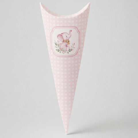Cono Portaconfetti con Elefantino Rosa – Confettata Nascita e Battesimo Bimba