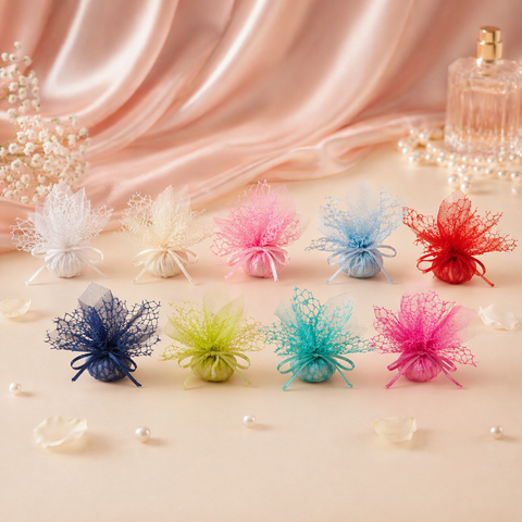 Sacchetti portaconfetti colorati con tirante in tulle e rete per bomboniere fai da te