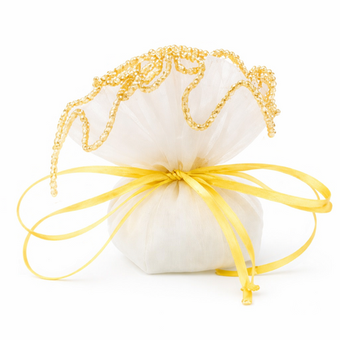 Sacchetto Portaconfetti Nozze d’Oro in Tulle Avorio con Dettagli Oro