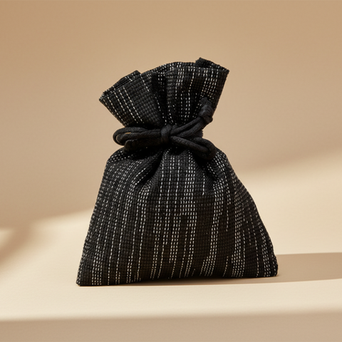Sacchetto portaconfetti in tessuto nero con finiture a righe sottili argentate e chiusura con cordino a strozzo su sfondo bianco.