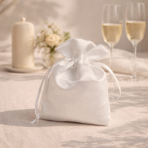 Sacchetto regalo in raso bianco lucido con chiusura a cordoncino, dimensioni 9x12 cm, ideale per confetti e bomboniere.