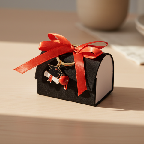 Scatola Bauletto Portaconfetti Laurea in Velluto Nero con Fiocco Rosso e Portachiavi Tocco