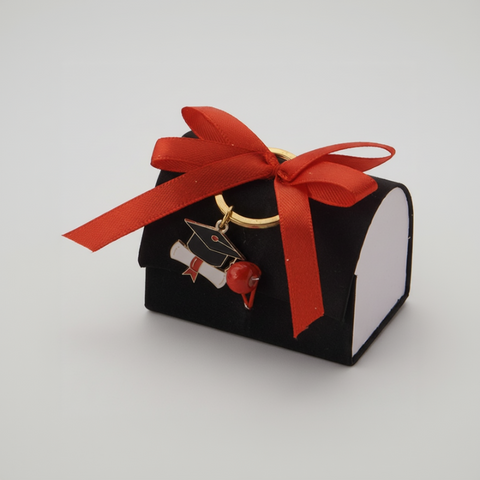 Scatola Bauletto Portaconfetti Laurea in Velluto Nero con Fiocco Rosso e Portachiavi Tocco
