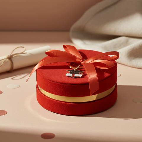 Scatola Portaconfetti Laurea in Velluto Rosso e Portachiavi Tocco Smaltato