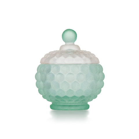 Scatola bombata in vetro satinato verde menta con coperchio bianco e pomello, texture a bolle in rilievo collezione Bubble Madrhélen Paris.