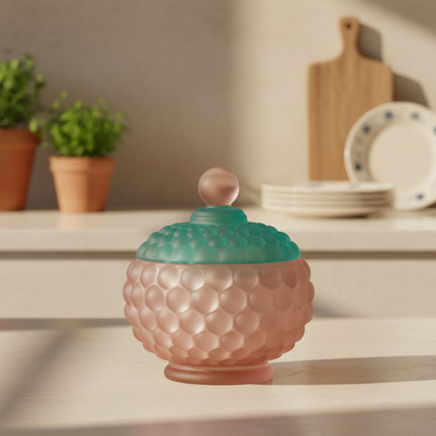 Scatola tonda in vetro lavorato a bolle bicolor rosa e verde con coperchio pomello tondo linea Bubble Madrhélen Paris.