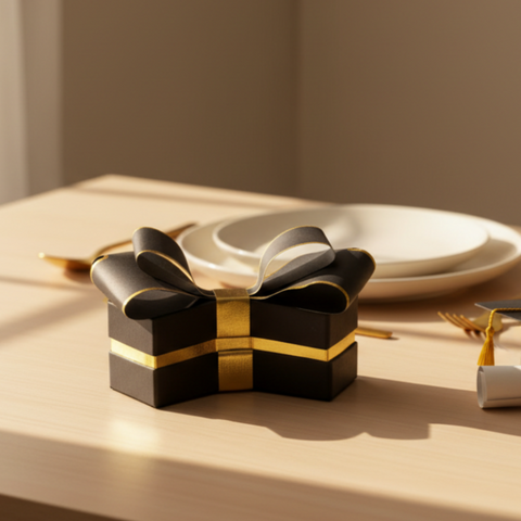 Scatola Fiocco Portaconfetti Nero e Oro – Elegante Bomboniera per Cerimonie