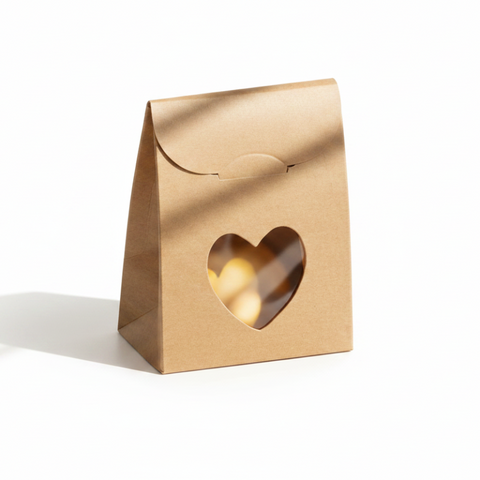 Scatolina Portaconfetti Avana a Sacchetto con Finestra a Cuore cm 6x3,5x8