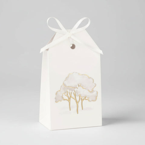 Scatolina portaconfetti avorio con decoro albero oro e foro per nastro elegante