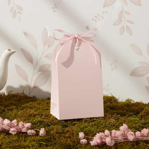 Scatolina portaconfetti rosa in cartoncino effetto fibra. Design a tag con foro per nastro, ideale per battesimo e nascita.