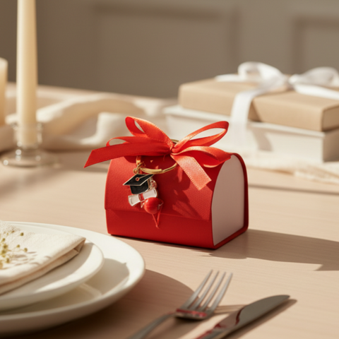 Scatolina rossa a bauletto per laurea con fiocco in raso e portachiavi smaltato raffigurante cappello da laureato e diploma.