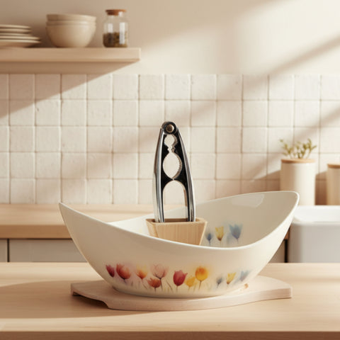 Set ciotola schiaccianoci con decoro tulipani, composto da ciotola in porcellana avorio, schiaccianoci in metallo e base in legno chiaro.