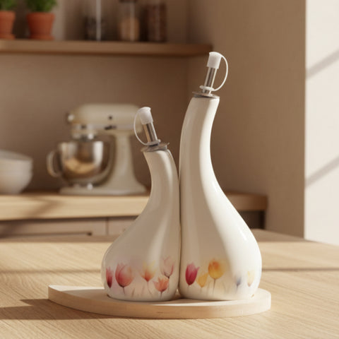 Set di due oliere in porcellana bianca con decorazione floreale a tulipani colorati, su vassoio di legno chiaro. Beccucci in acciaio inox con tappo. Oggetto utilizzato come bomboniera per matrimonio/evento.