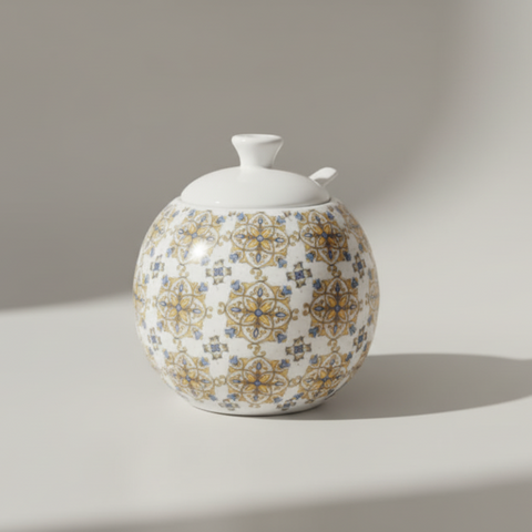 Zuccheriera ceramica decoro maiolica con cucchiaino bomboniere utili matrimonio