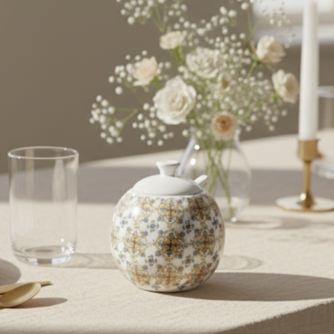 Zuccheriera ceramica decoro maiolica con cucchiaino bomboniere utili matrimonio