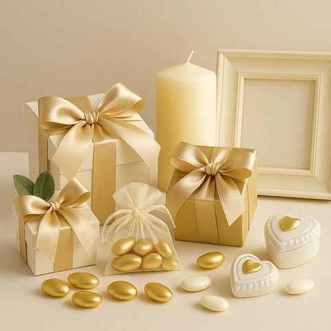 Bomboniere per nozze d’oro eleganti e classiche con confetti dorati e scatoline regalo in tonalità oro e avorio.