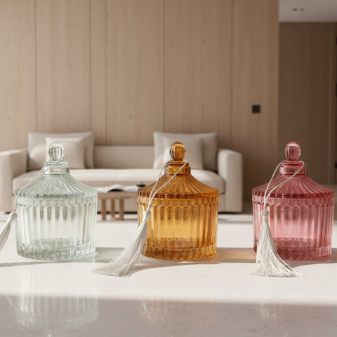 bomboniere portagioie in vetro artistico con trama a rilievo plissé e raffinata nappa in tessuto, perfette come idea regalo per matrimoni e cerimonie