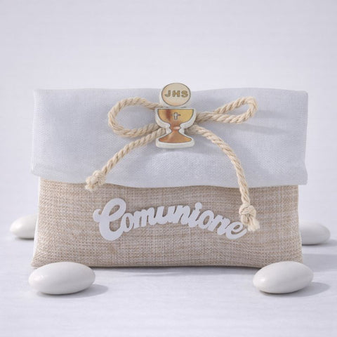 Sacchetto Portaconfetti Comunione Busta 10x8 cm - Bomboniera JHS Calice Naturale
