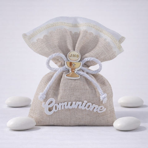 Sacchetto Confetti Comunione Naturale 10x12 cm - Bomboniera JHS Calice Shabby