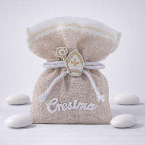 Sacchetto Confetti Cresima Naturale 10x12 cm - Bomboniera Mitra Vescovo Shabby