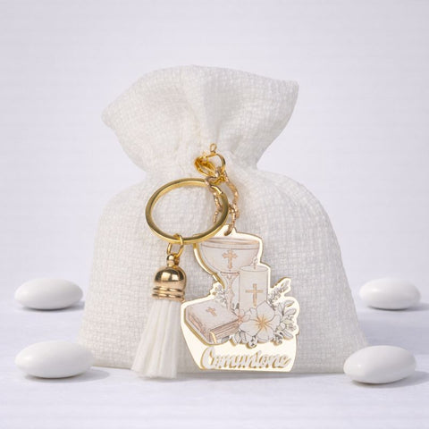 Sacchetto Comunione Bianco 10x12 cm con Portachiavi - Bomboniera Calice Bibbia Fiori