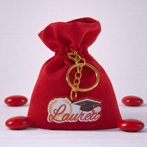 Sacchetto Laurea Rosso 8x10 cm con Portachiavi - Bomboniera Tocco Laureato