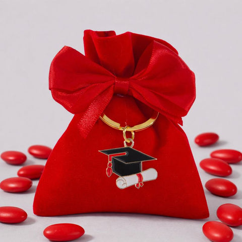 Sacchetto Laurea Rosso 8x10 cm con Portachiavi Metallo - Tocco Diploma Smaltato