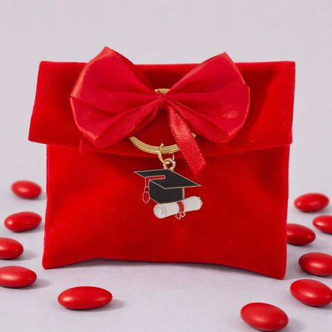 Sacchetto Portaconfetti Laurea Bustina Velluto 10x8 cm Fiocco Raso Portachiavi Metallo