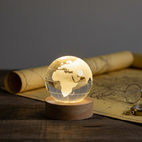 Lampada Sfera di Cristallo 3D Mappamondo con Base in Legno LED - Luce Notturna Creativa