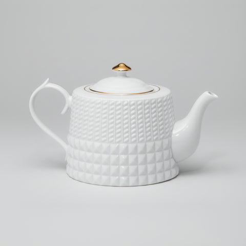 Teiera in Porcellana Bianca con Motivo Geometrico e Rifiniture Oro - Bomboniera Matrimonio