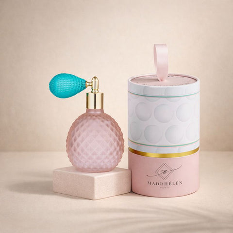 Profumatore spray Bubble Madrhélen in vetro rosa con pompetta dorata, bomboniera elegante per eventi