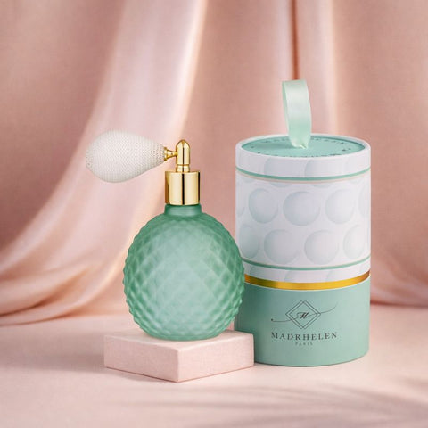 Profumatore spray Bubble Madrhelen in vetro verde con texture a bolle, bomboniera elegante per eventi