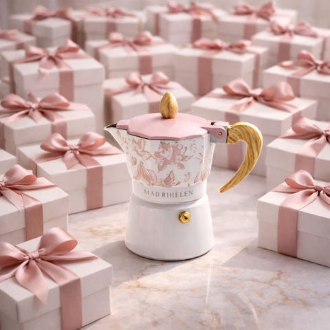 Caffettiera Flora Rosa 1 Tazza Madrhélen con decorazioni floreali e manico effetto legno