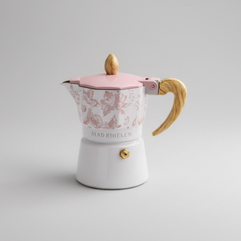 Caffettiera Flora Rosa 1 Tazza Madrhélen con decorazioni floreali e manico effetto legno
