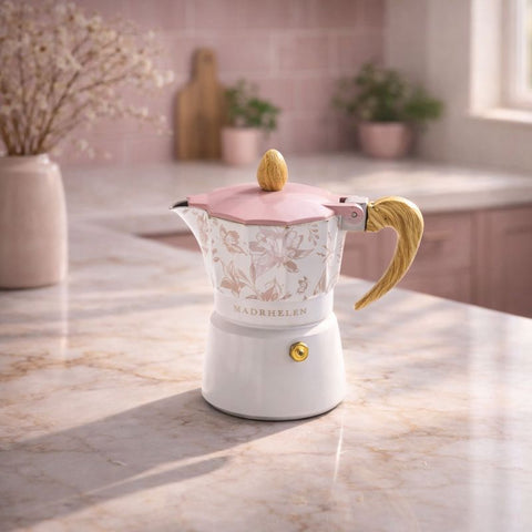 Caffettiera Flora Rosa 1 Tazza Madrhélen con decorazioni floreali e manico effetto legno