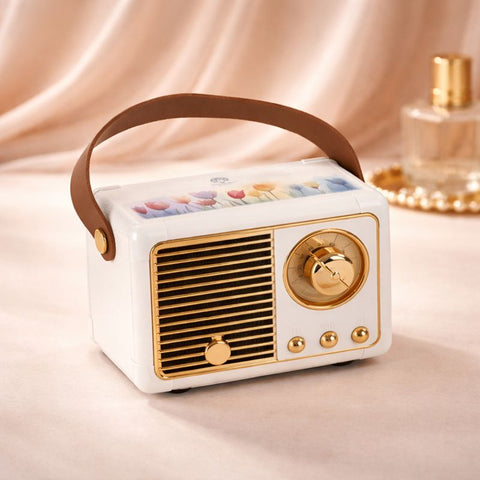 Radio Bluetooth vintage portatile con manico, bomboniera originale dal design retrò