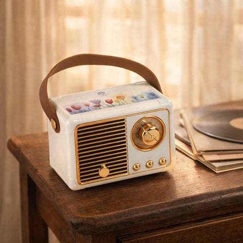 Radio Bluetooth vintage portatile con manico, bomboniera originale dal design retrò