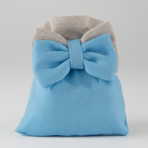 sacchetto nascita bimbo celeste in cotone con doppio fiocco beige e azzurro