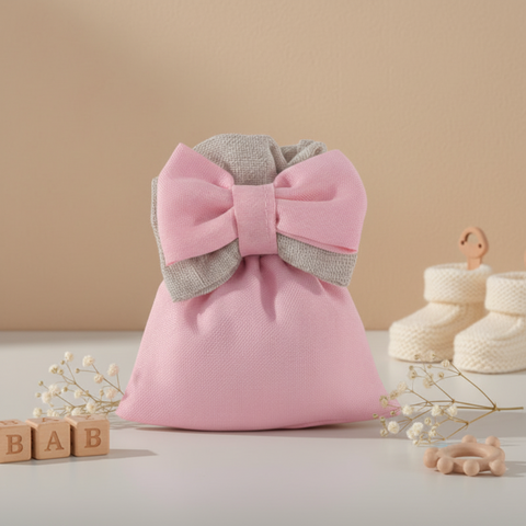 sacchetto nascita bimbo rosa con doppio fiocco beige in juta Linea Muffin