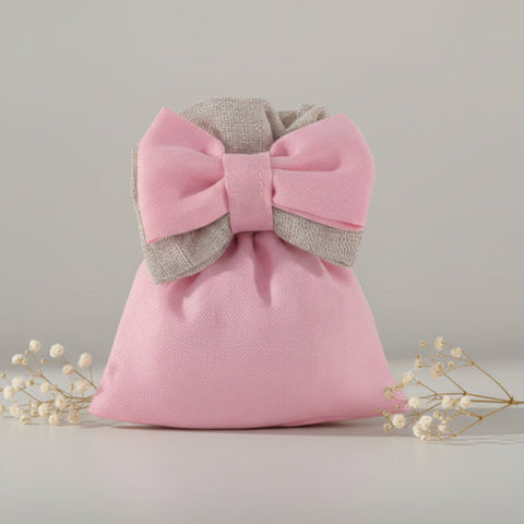 sacchetto nascita bimbo rosa con doppio fiocco beige in juta Linea Muffin 10x12 cm bomboniera battesimo bimba