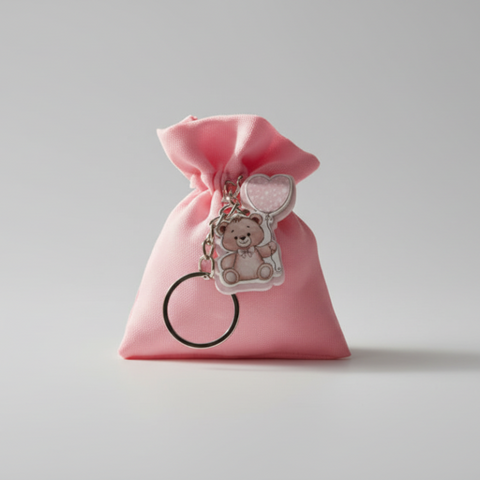 sacchetto nascita bimbo rosa con portachiavi orsetto e palloncino cuore bomboniera battesimo bimba 8x10 cm