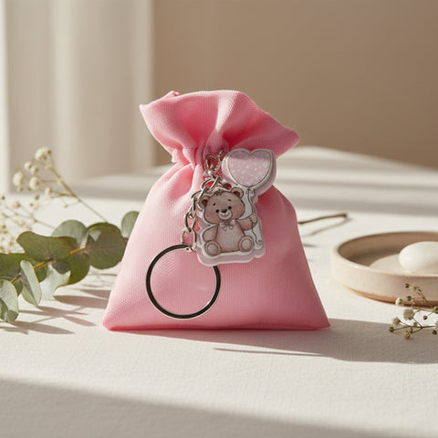 sacchetto nascita bimbo rosa con portachiavi orsetto e palloncino cuore bomboniera battesimo bimba 8x10 cm