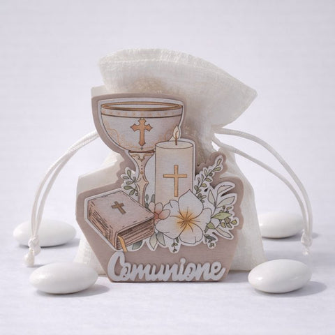Portaconfetti per Comunione Bianco 8 cm con Sacchetto - Bomboniera Calice Candela Fiori