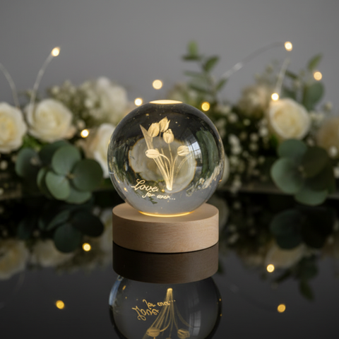 Sfera di Cristallo Luminosa LED 3D Tulipani – Bomboniera Romantica con Base in Legno