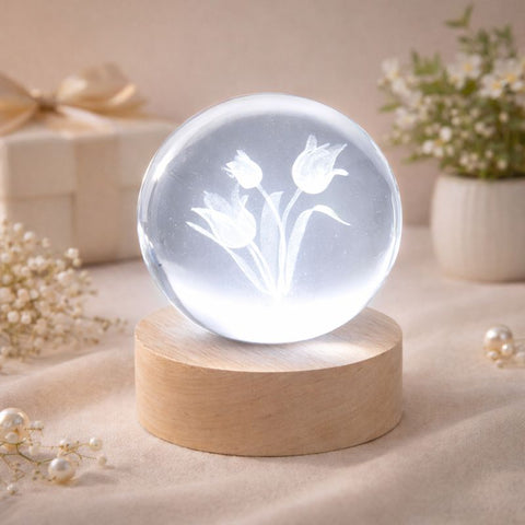 Lampada LED a sfera in vetro con incisione floreale su base in legno, bomboniera originale per eventi