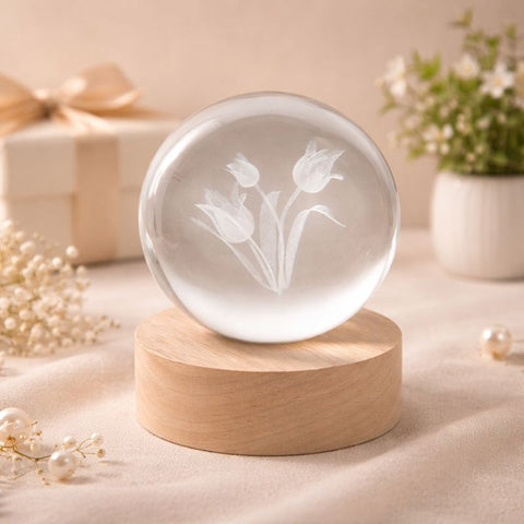 Lampada LED a sfera in vetro con incisione floreale su base in legno, bomboniera originale per eventi